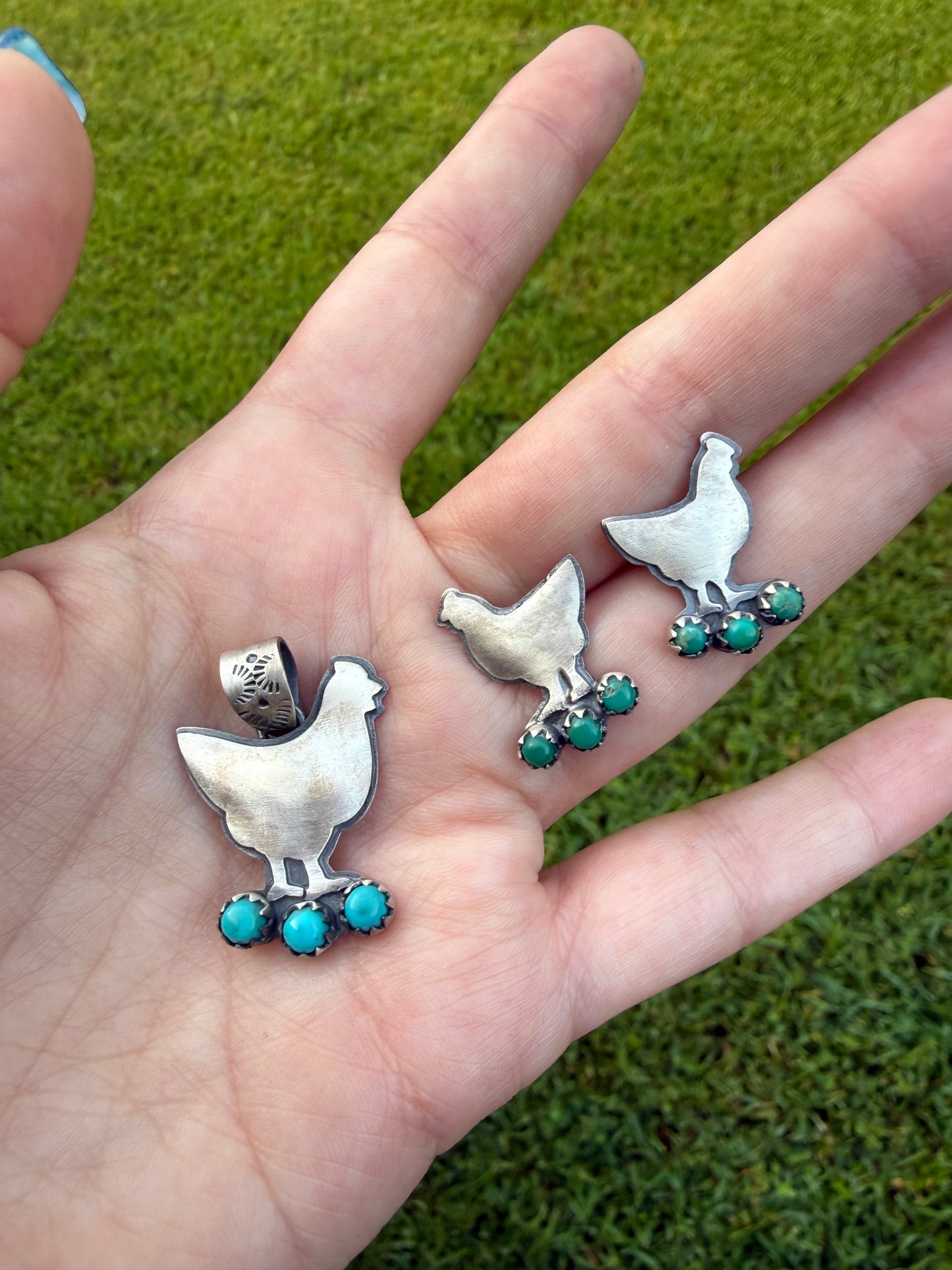 Chicken Turquoise Oxidized Sterling Silver Pendant or Earrings