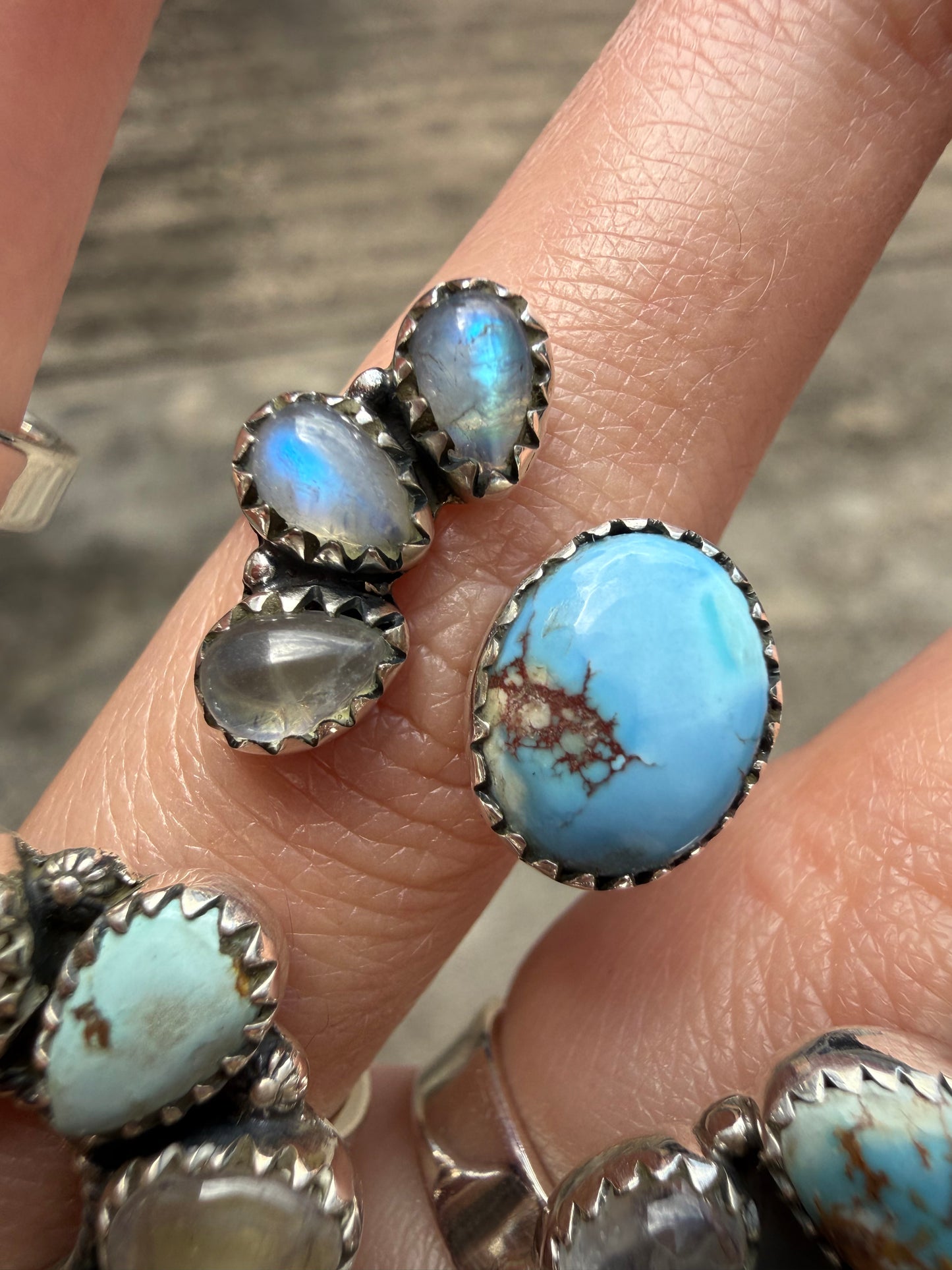 Rainbow Moonstone and Golden Hills Turquoise Adjustable Sterling Silver Ring