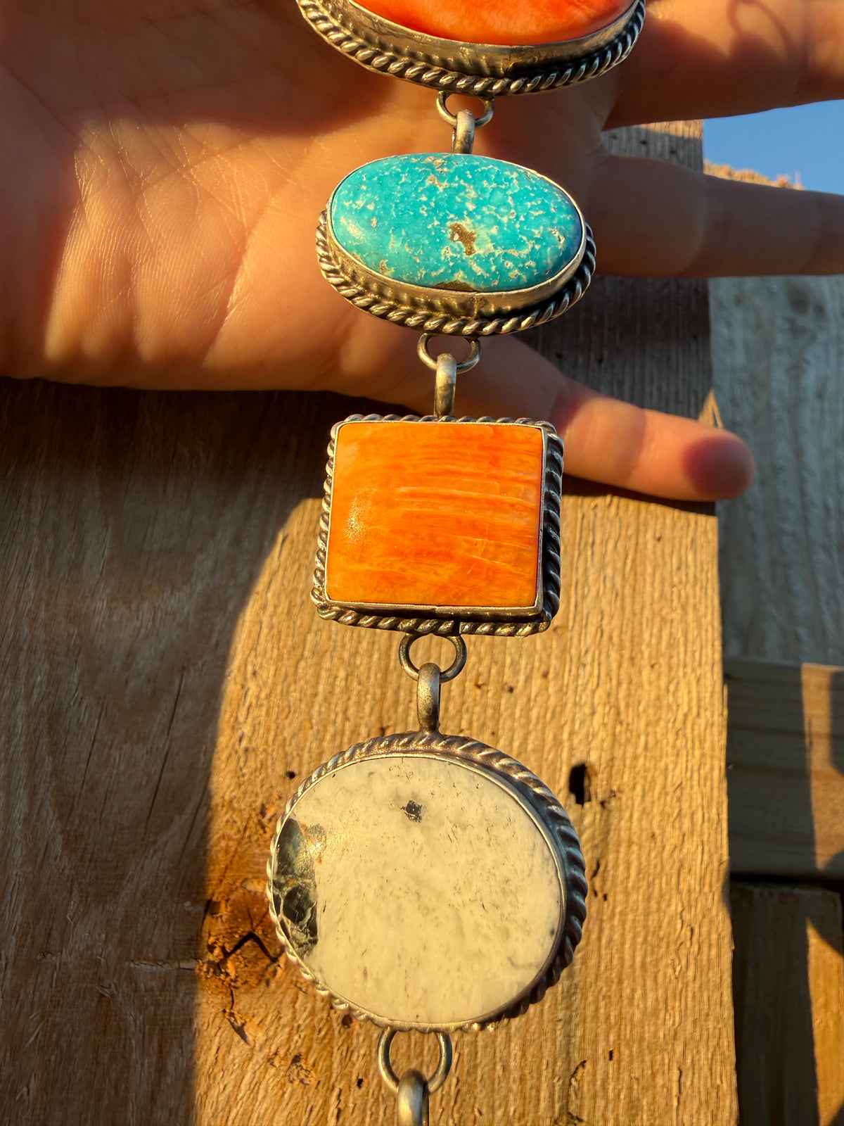 Navajo Multi Stone Big Lariat Sterling Silver Handmade Necklace By Vicky Hicks