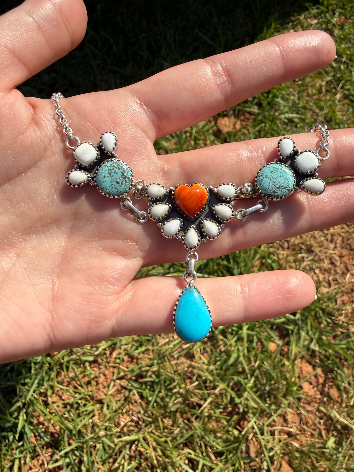 Orange Spiny, White Buffalo and Turquoise Multi Stone Heart Half Cluster Choker Necklace