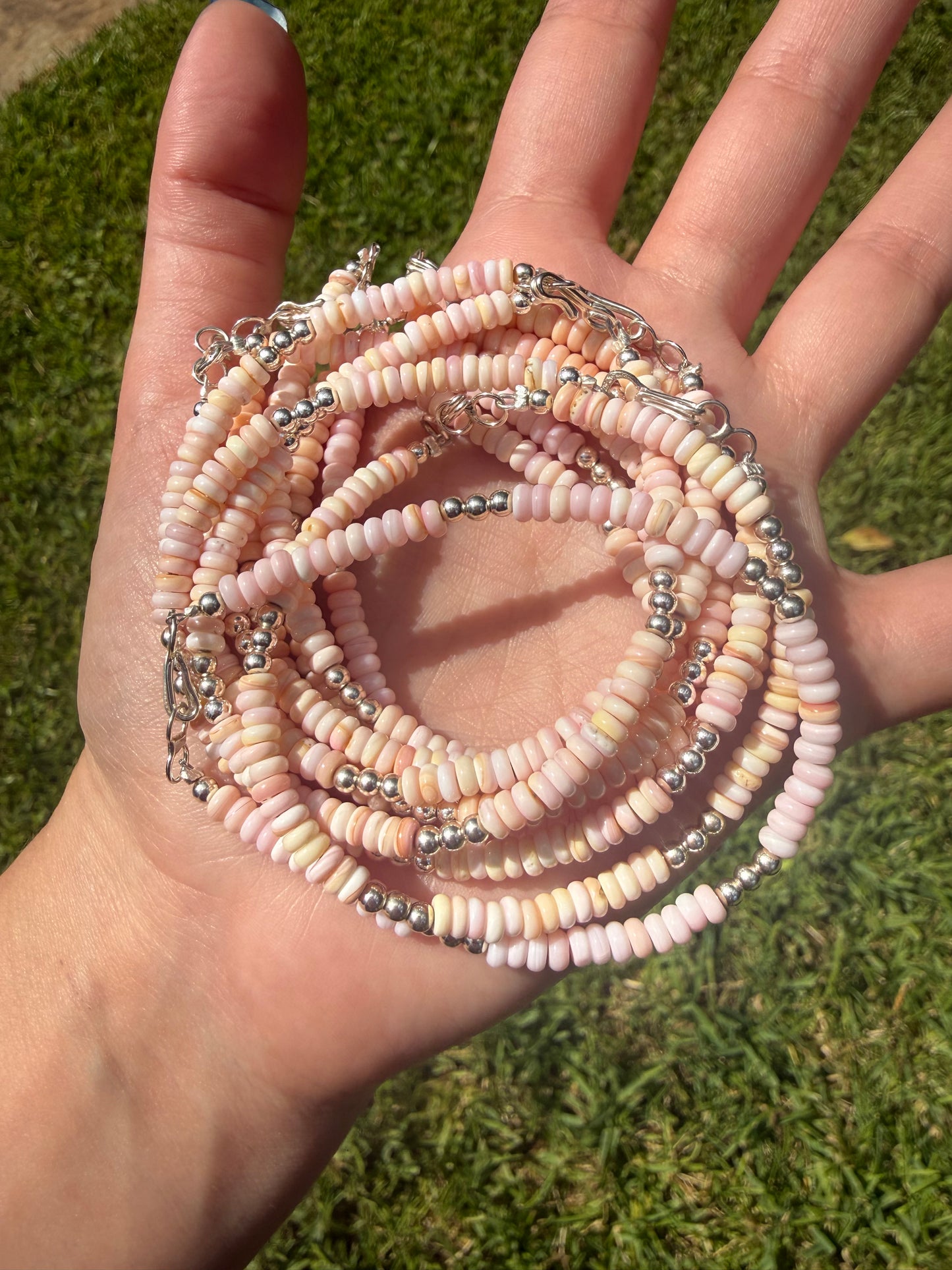 Navajo Strung Pink Conch and Sterling Silver Pearl Bracelet