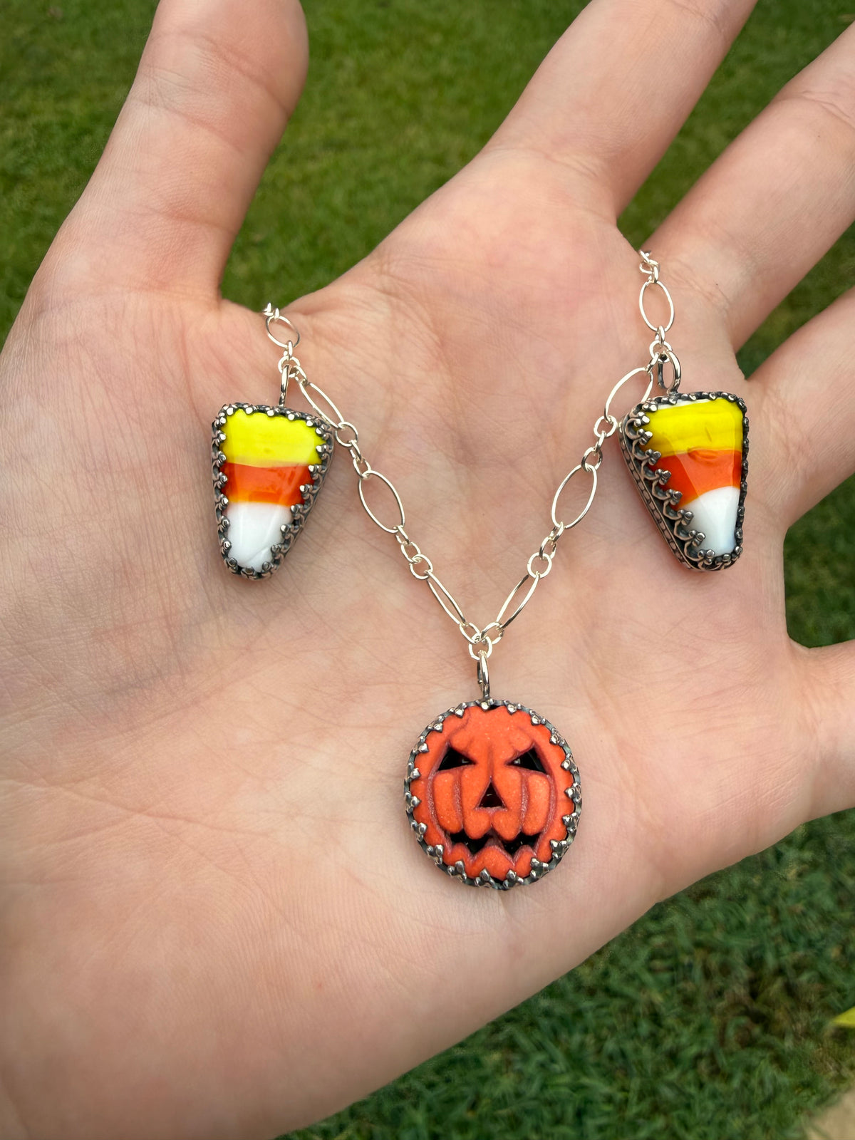 Halloween Pumpkin and Candy Corn Sterling Silver Charm Necklace