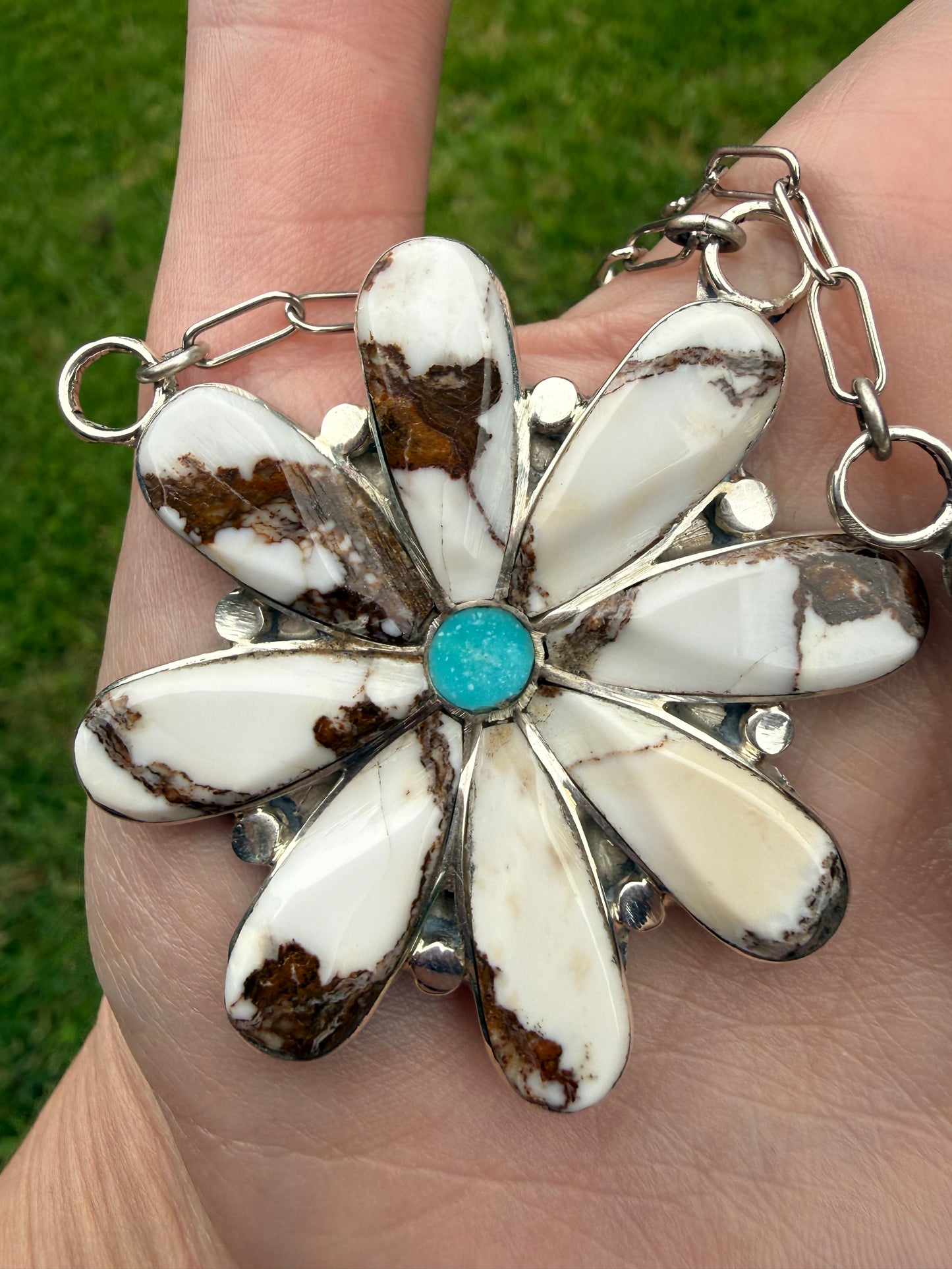 Native Zuni Wild Horse and Turquoise Inlay Full Flower Sterling Silver Necklace