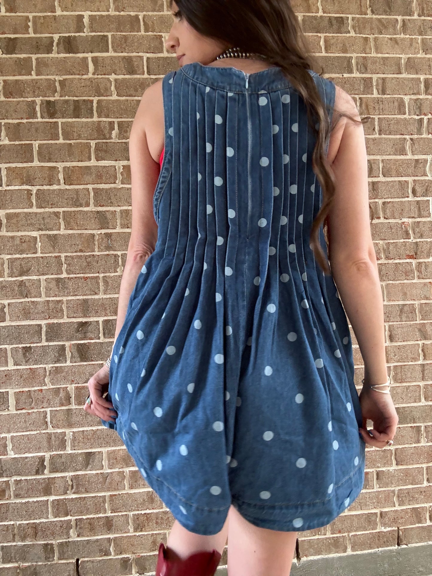 Lana Front Pleated V Neck Sleeveless Denim Romper - Polka Dot, Pink, Blue, Charcoal, Or Cheetah