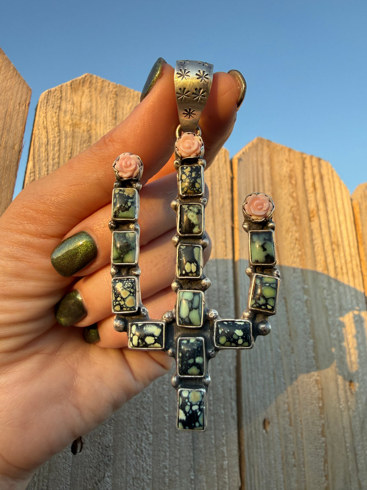 Navajo Blackjack Turquoise Cactus with Carved Pink Conch Flower Sterling Silver Handmade Pendant
