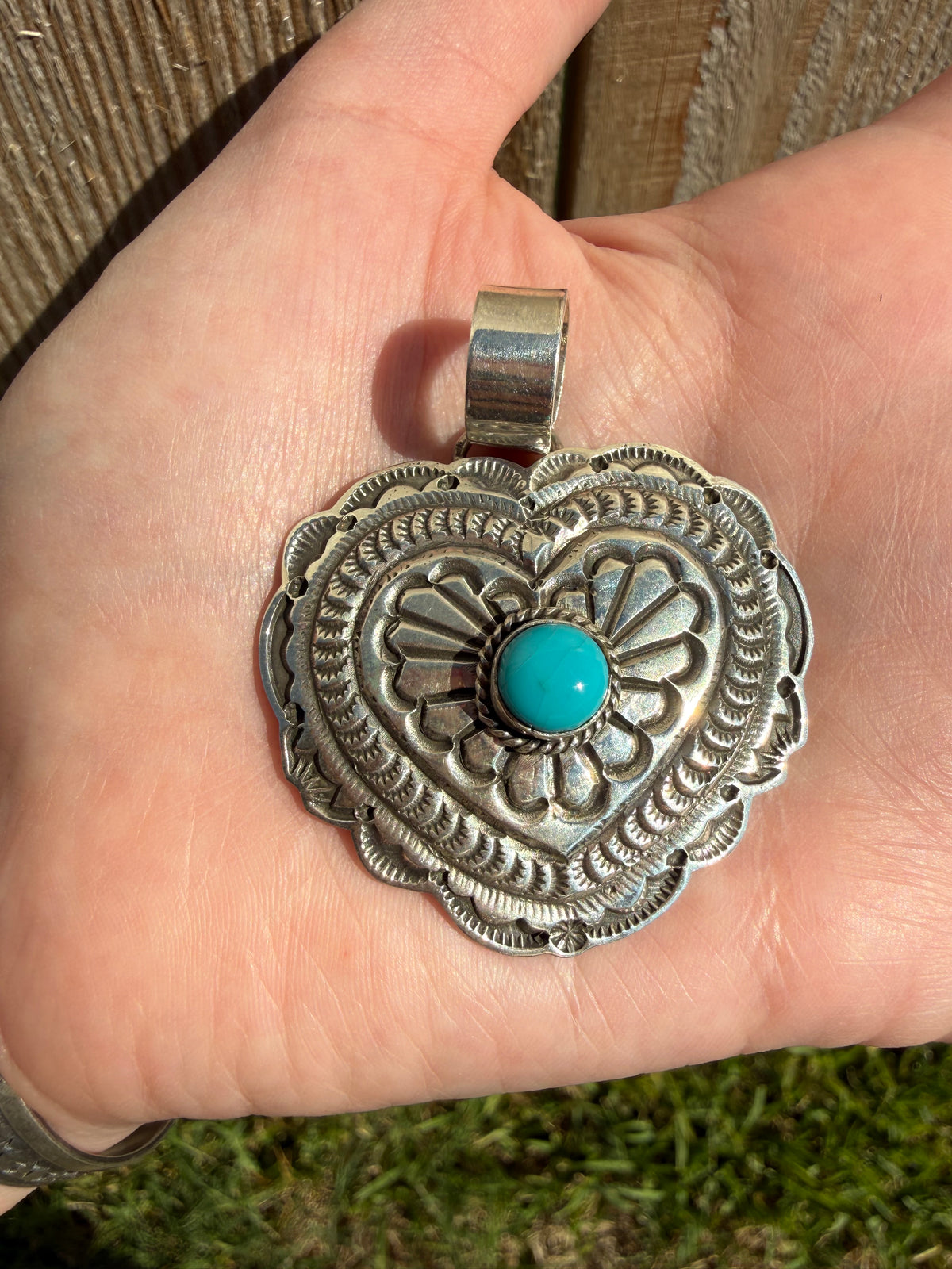 Navajo Turquoise Heart Sterling Silver Stamped Pendant