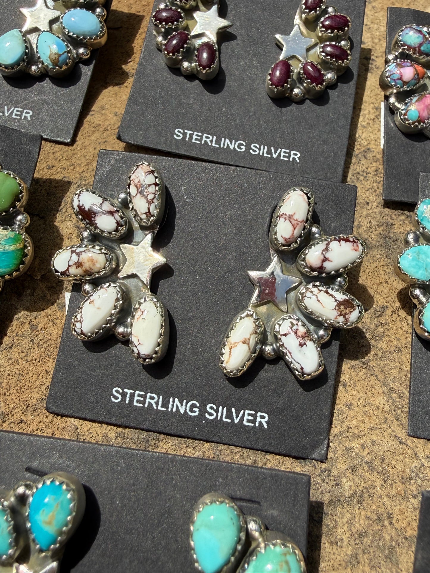 Turquoise Star and Multi Stone Half Cluster Sterling Silver Earrings