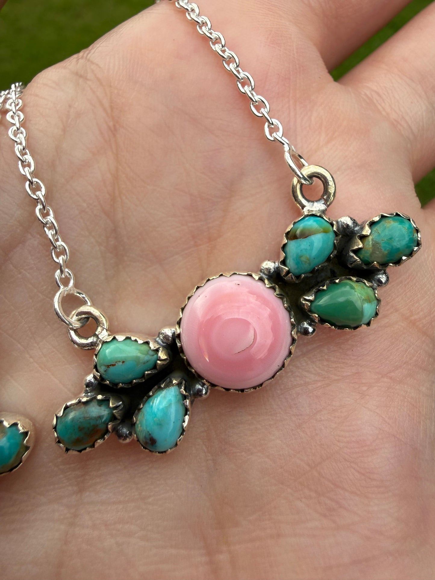 Kingman Turquoise and Pink Conch Sterling Silver Bar Necklace