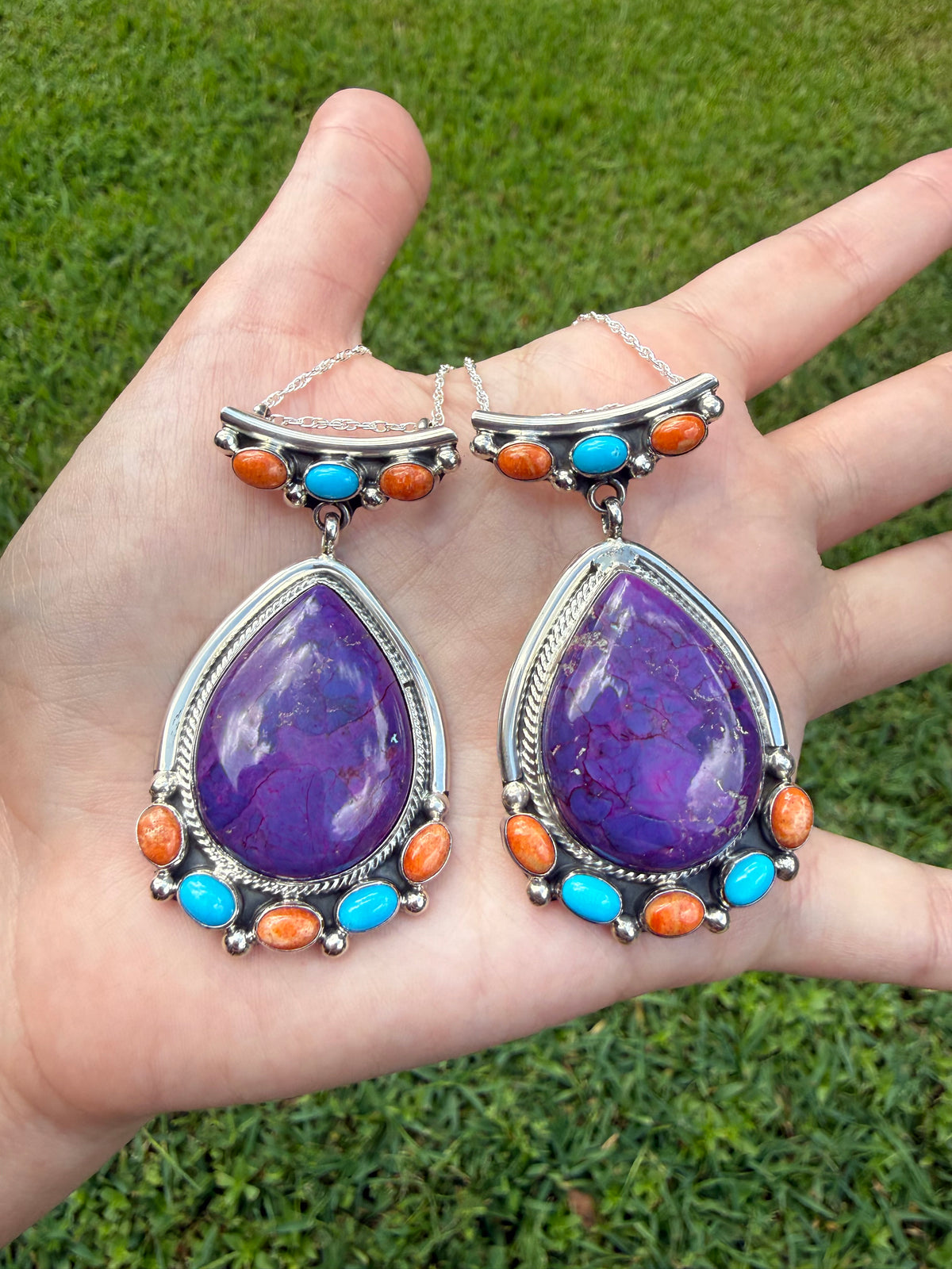 Navajo Purple Mojave Orange Mojave and Turquoise Tear Drop Sterling Silver Necklace
