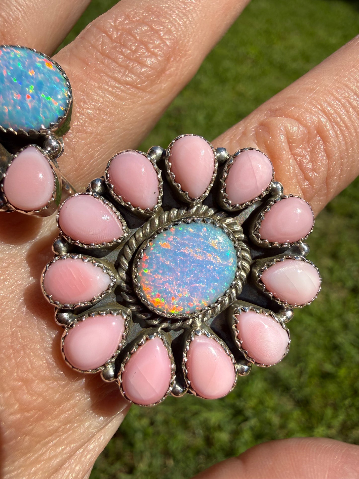 Pink Conch and Balloon Opal Sterling Silver Adjustable Rings