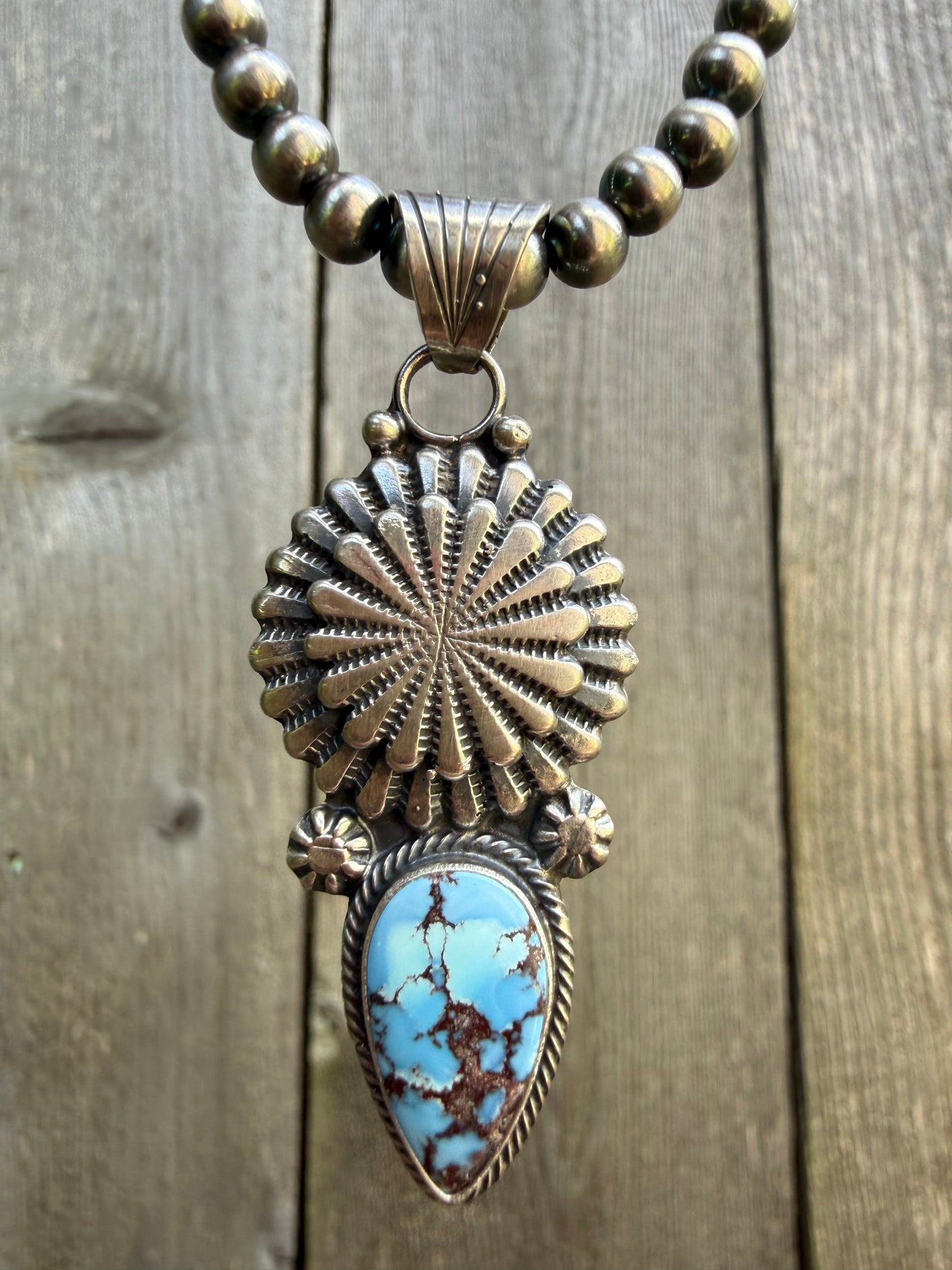 Navajo Golden Hills Turquoise Big Peyote Button Sterling Silver Desert Pearl Necklace by Sharon McCarthy