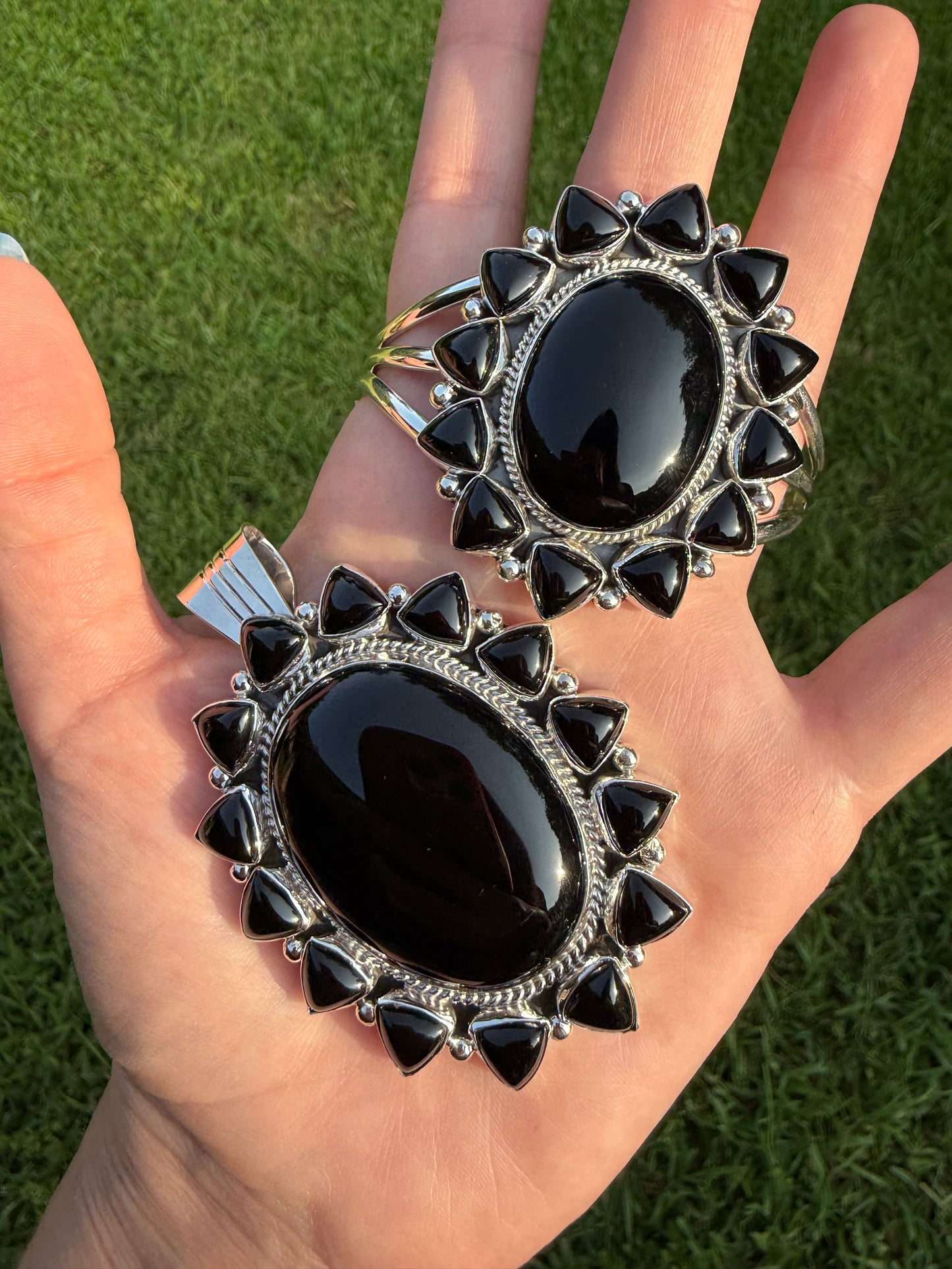 Navajo Black Onyx Statement Cluster Pendant or Cuff Bracelet