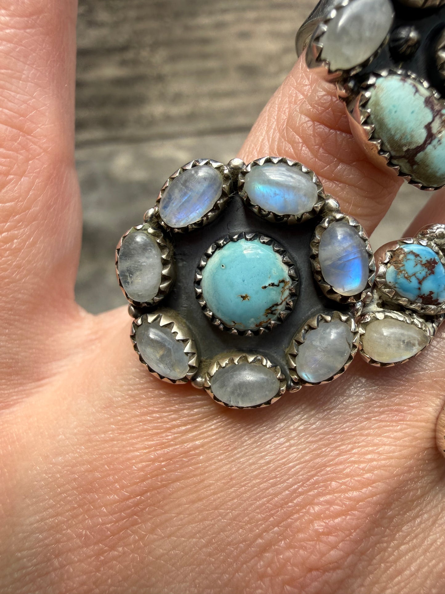 Rainbow Moonstone and Golden Hills Turquoise Adjustable Sterling Silver Ring