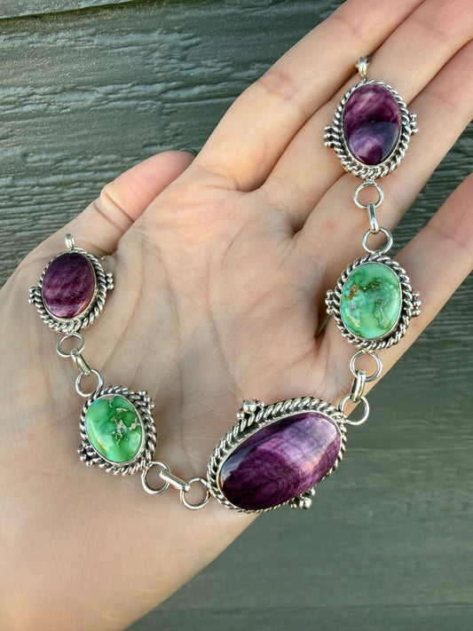 Navajo Purple Spiny and Sonoran Gold Turquoise 5 Stone Choker Sterling Silver Necklace