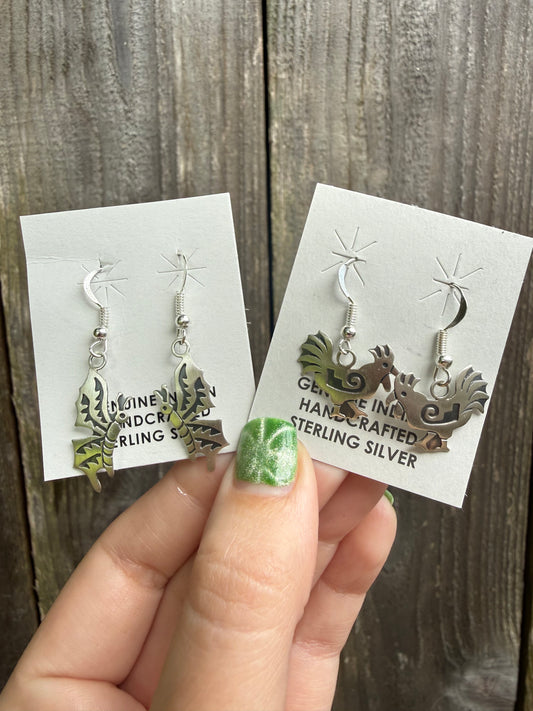 Native Rooster or Butterfly Sterling Silver Earrings