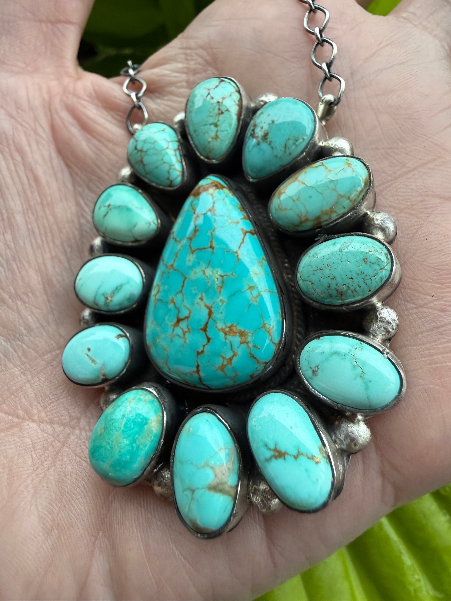 Navajo Royston Turquoise Full Flower Cluster Sterling Silver Necklace by Lorenzo Juan