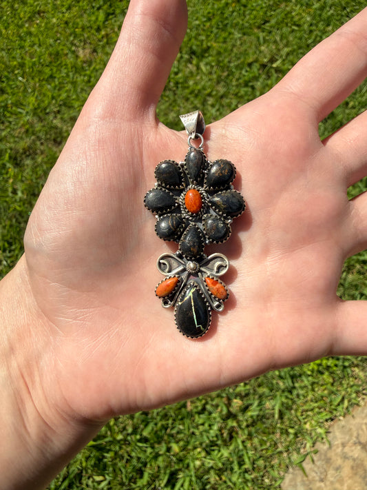 Blackjack Turquoise and Orange Mojave Full Flower Sterling Silver Statement Pendant