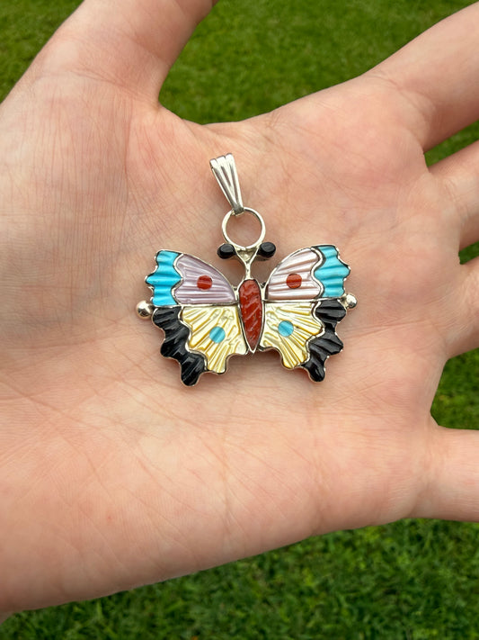 Zuni Butterfly Multi Stone Inlay Sterling Silver Pendant
