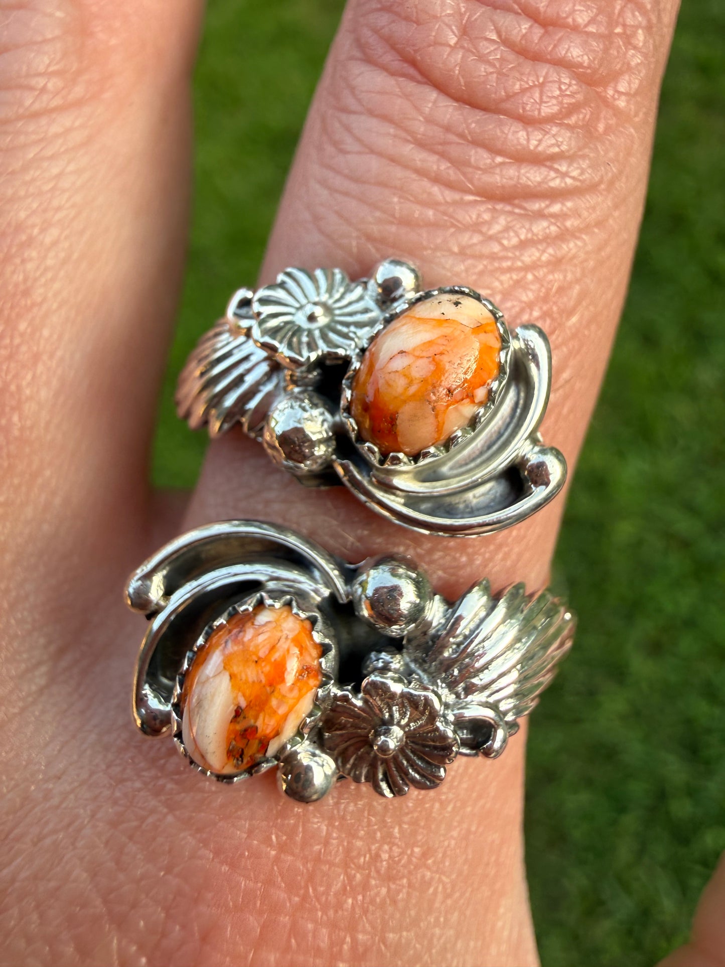 Navajo Orange Spiny Double Stone Sterling Silver Floater Ring
