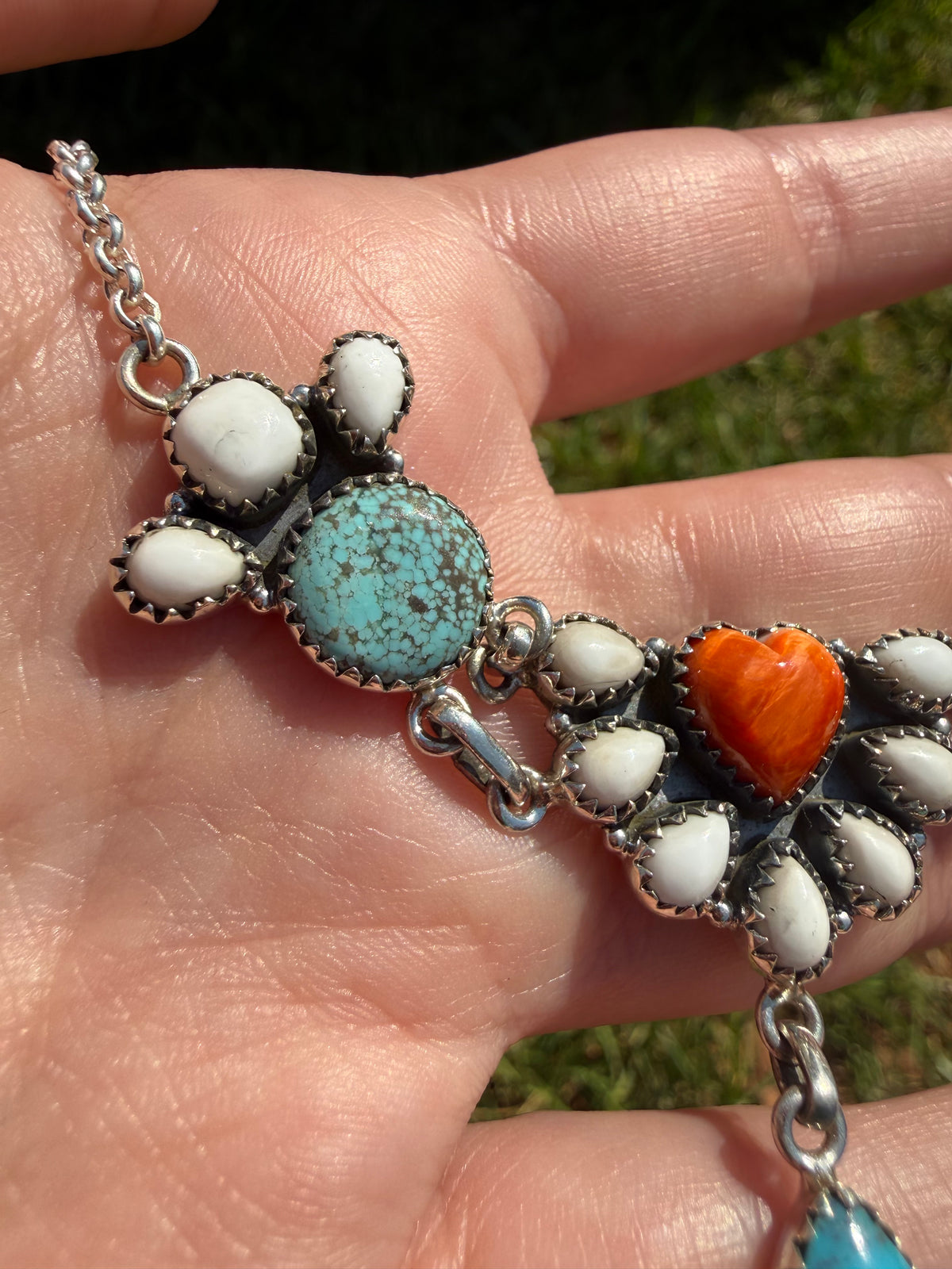 Orange Spiny, White Buffalo and Turquoise Multi Stone Heart Half Cluster Choker Necklace