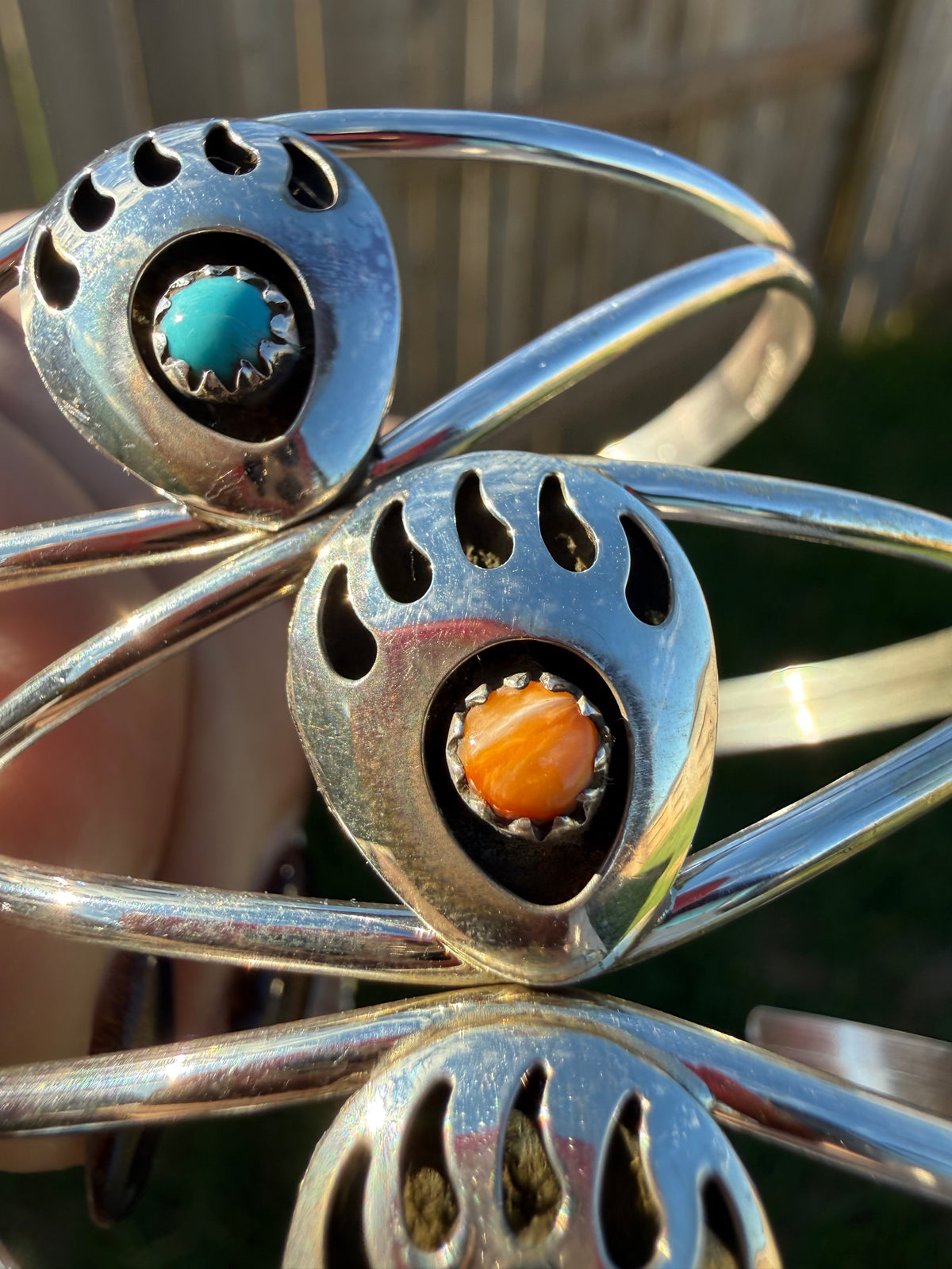 Navajo Turquoise, Orange Spiny or Coral Bear Paw Sterling Silver Handmade Cuff Bracelet