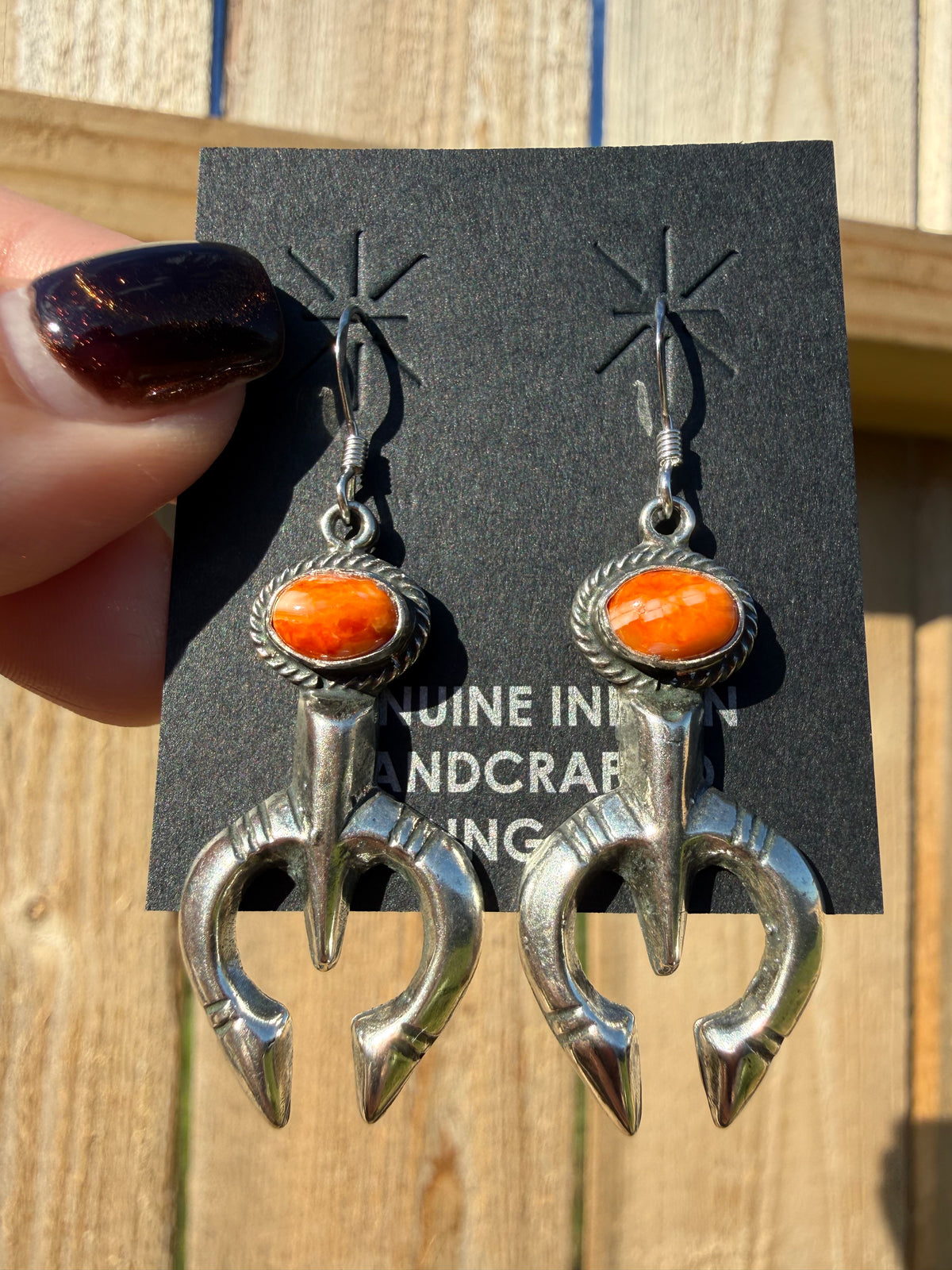 Navajo Orange Spiny Naja Sterling Silver Dangle Earrings