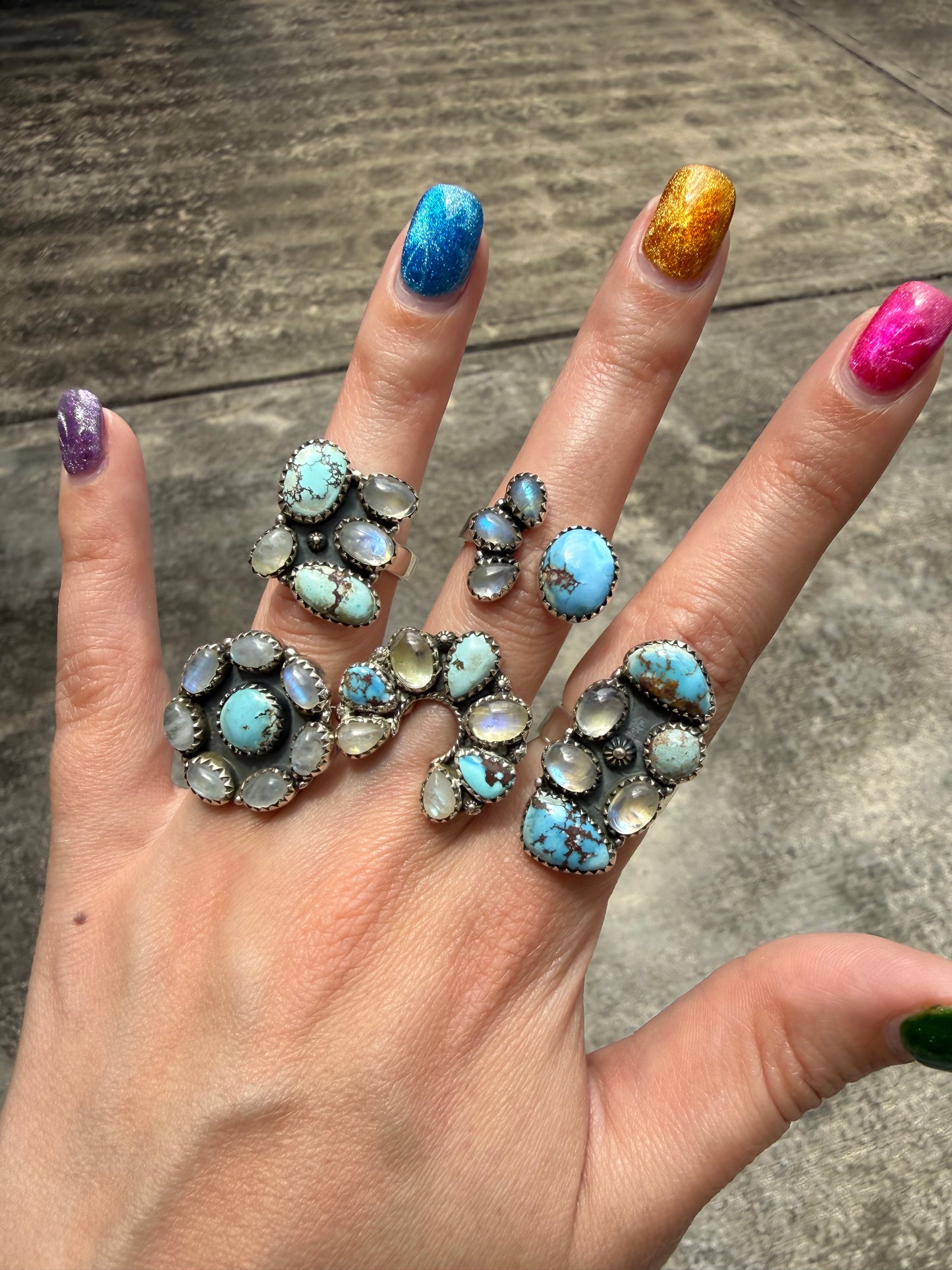 Rainbow Moonstone and Golden Hills Turquoise Adjustable Sterling Silver Ring