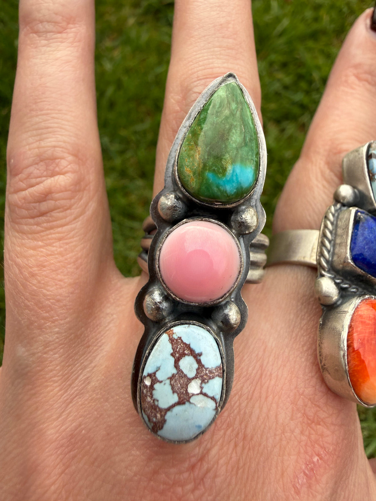 Navajo Multi Stone Turquoise Crawler Sterling Silver Adjustable Ring