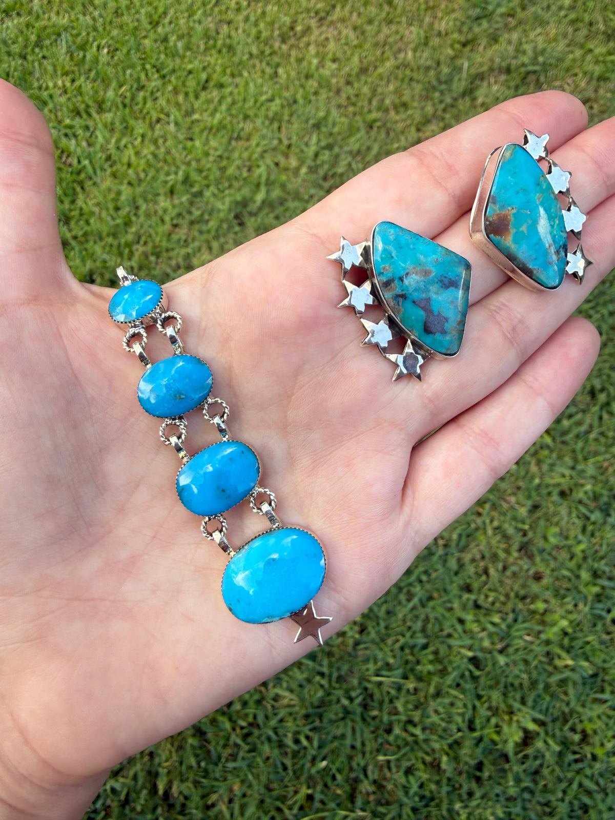 Navajo Turquoise Star Sterling Silver 4 Stone Lariat or Earrings