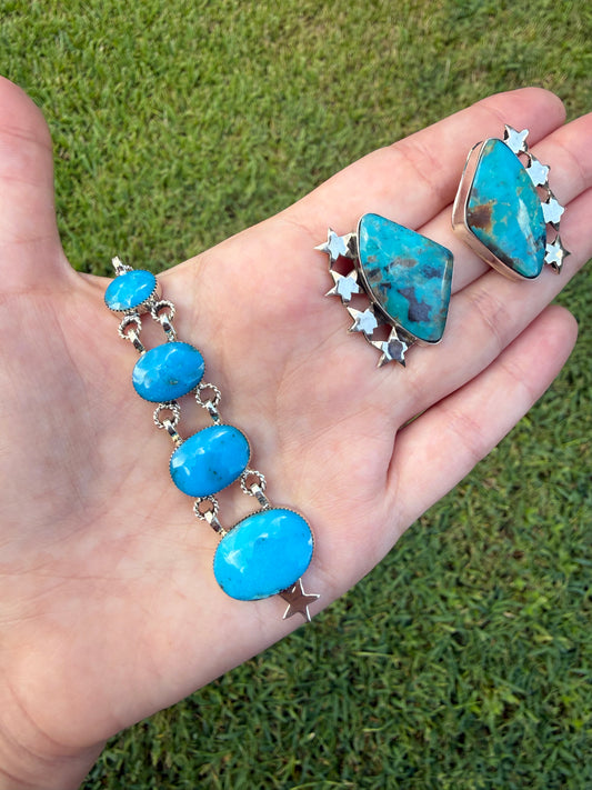 Navajo Turquoise Star Sterling Silver 4 Stone Lariat or Earrings