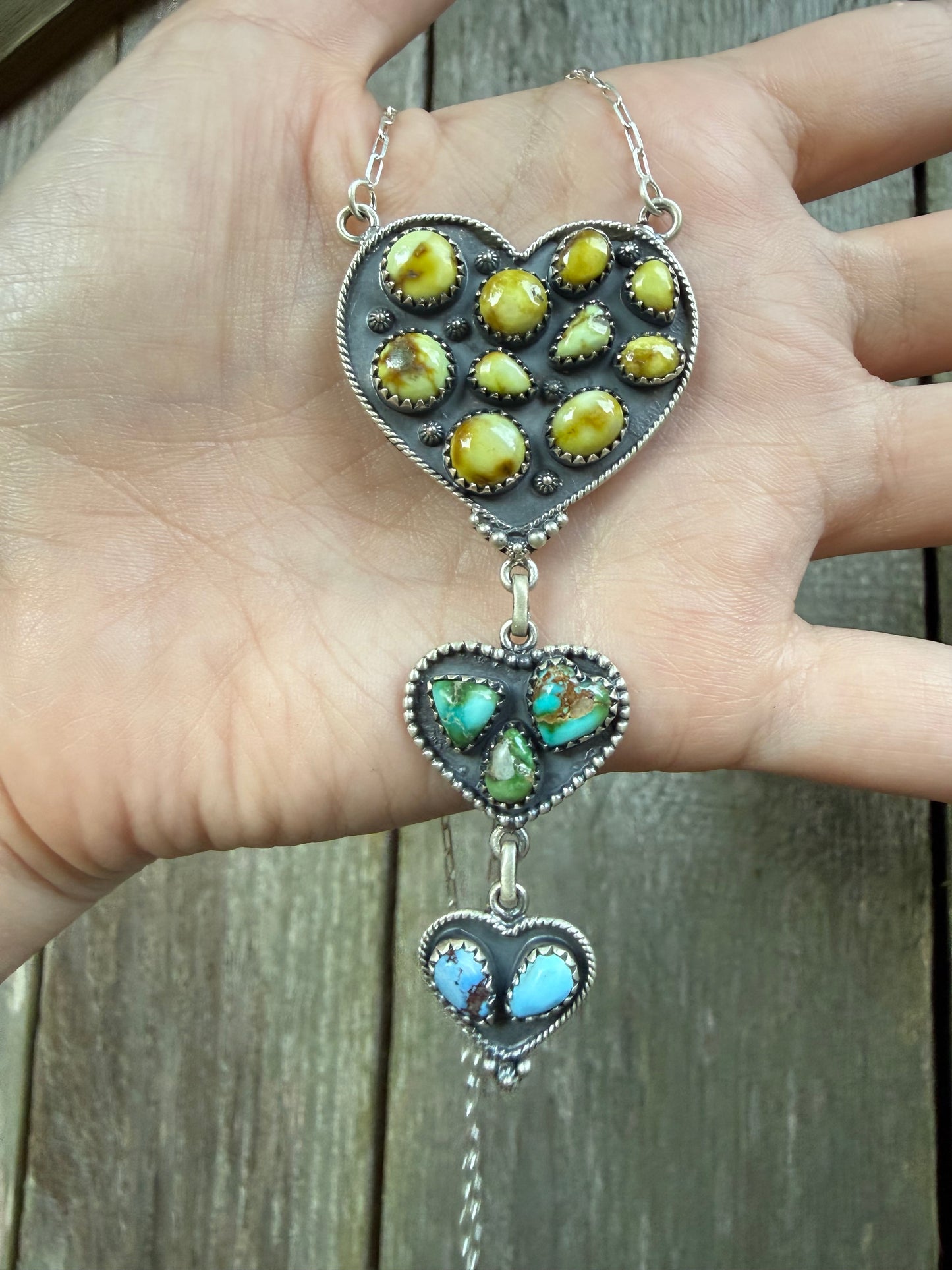 Palomino, Sonoran Gold, and Golden Hills Turquoise Triple Heart Statement Lariat Necklace