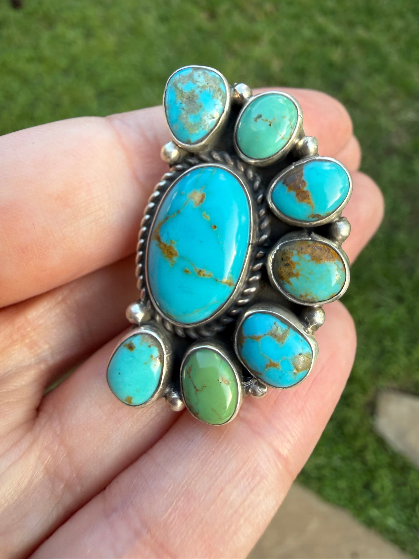 Navajo Turquoise Half Flower Adjustable Sterling Silver Ring