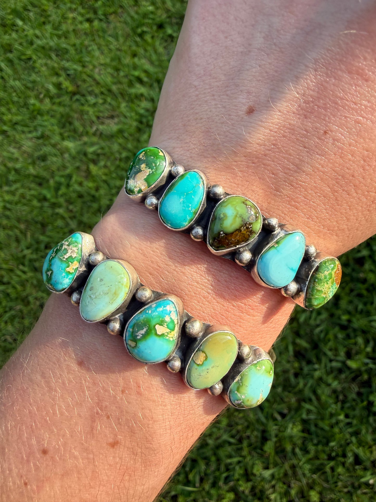 Navajo Sonoran Gold Turquoise 5 Stone Sterling Silver Cuff Bracelet