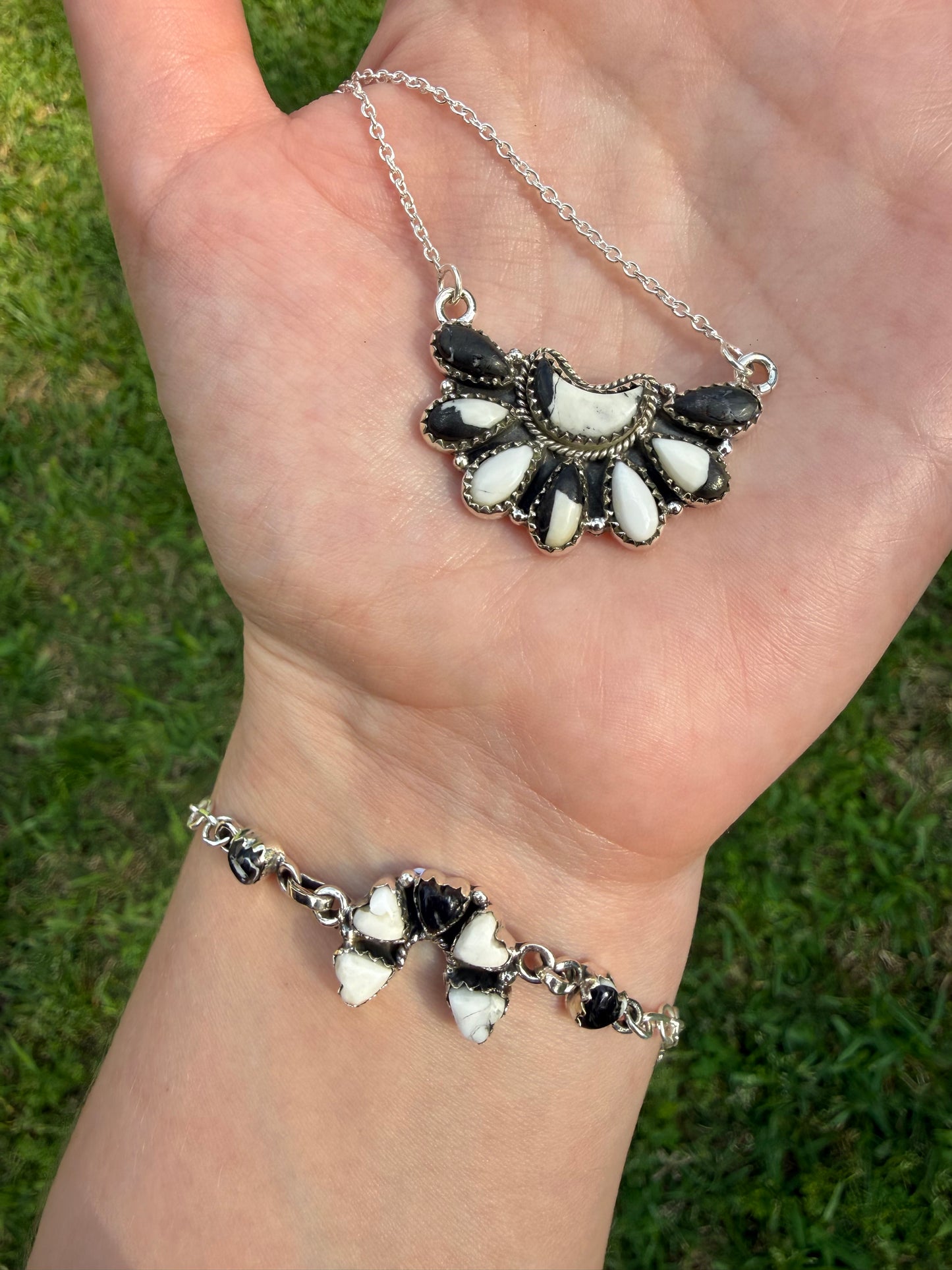 White Buffalo Unique Sterling Silver Naja Heart Bracelet or Half Cluster Moon Necklace
