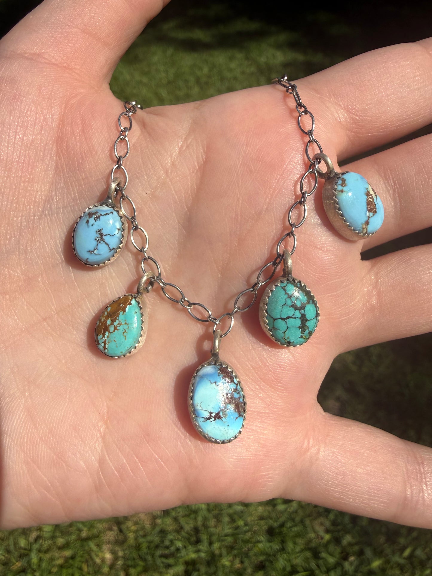 Multi 5 Stone Charm Petal Style Sterling Silver Necklace
