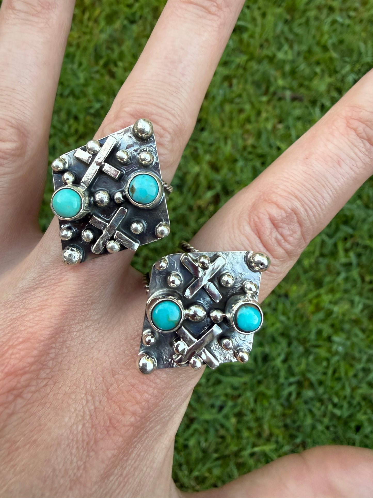 Navajo Turquoise Cross and Ball Work Sterling Silver Adjustable Band Ring