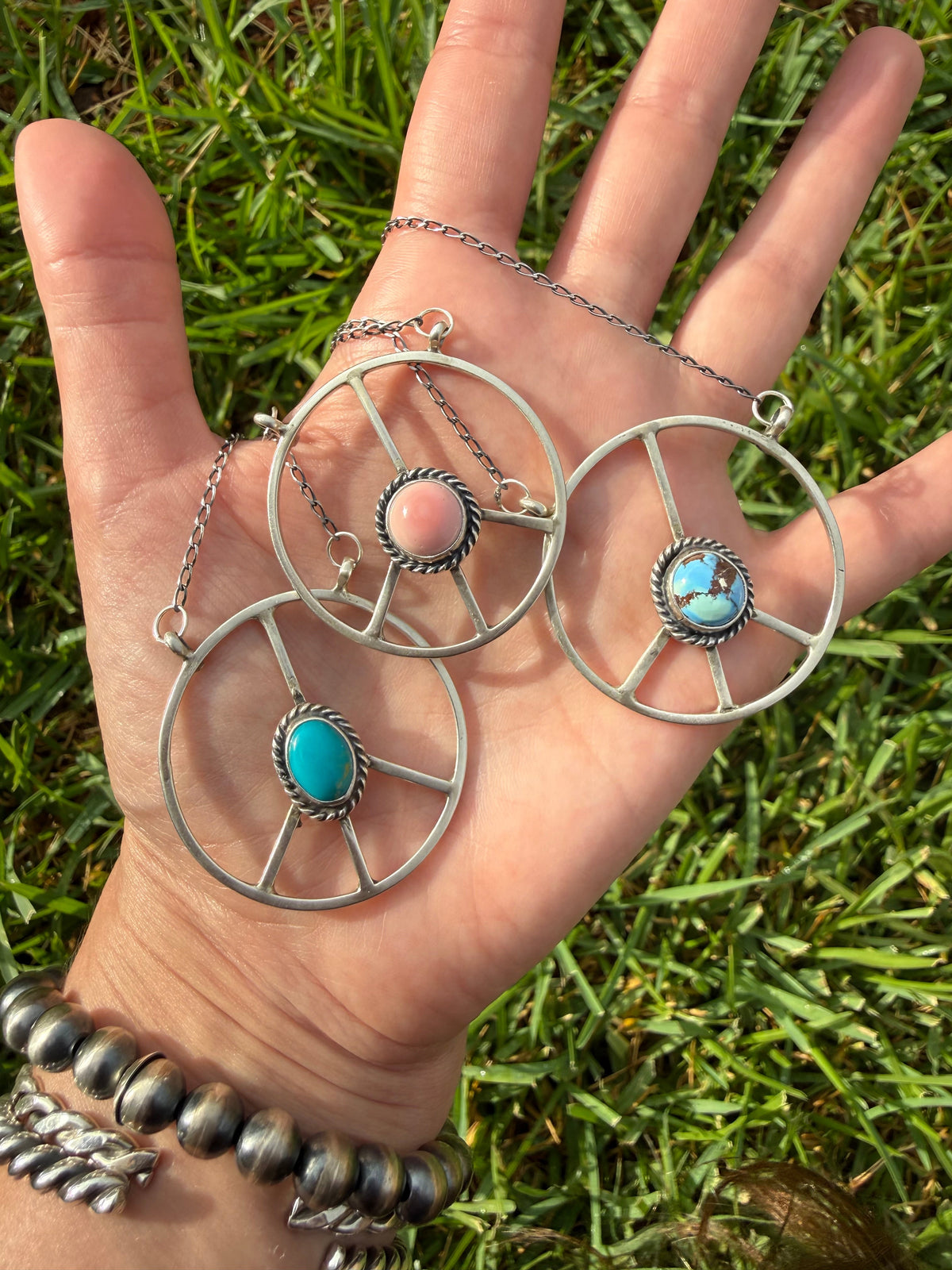 Navajo Peace Sign Turquoise or Pink Conch Sterling Silver Necklace