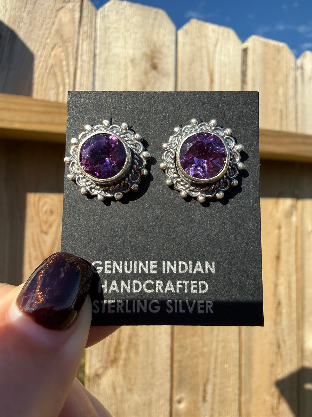 Navajo Amethyst Circle Detailed Bezel Sterling Silver Stud Earrings