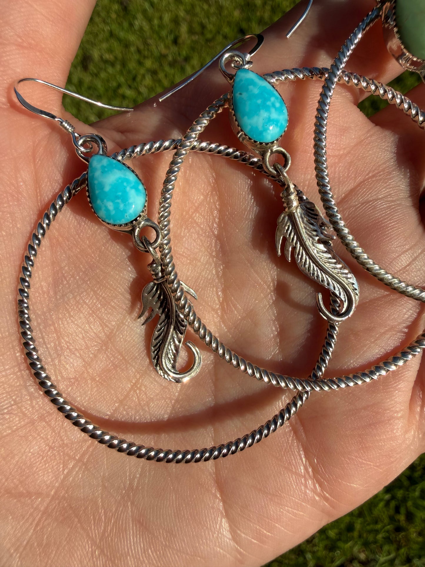 Navajo Turquoise Feather Dangle Hoop Sterling Silver Earrings