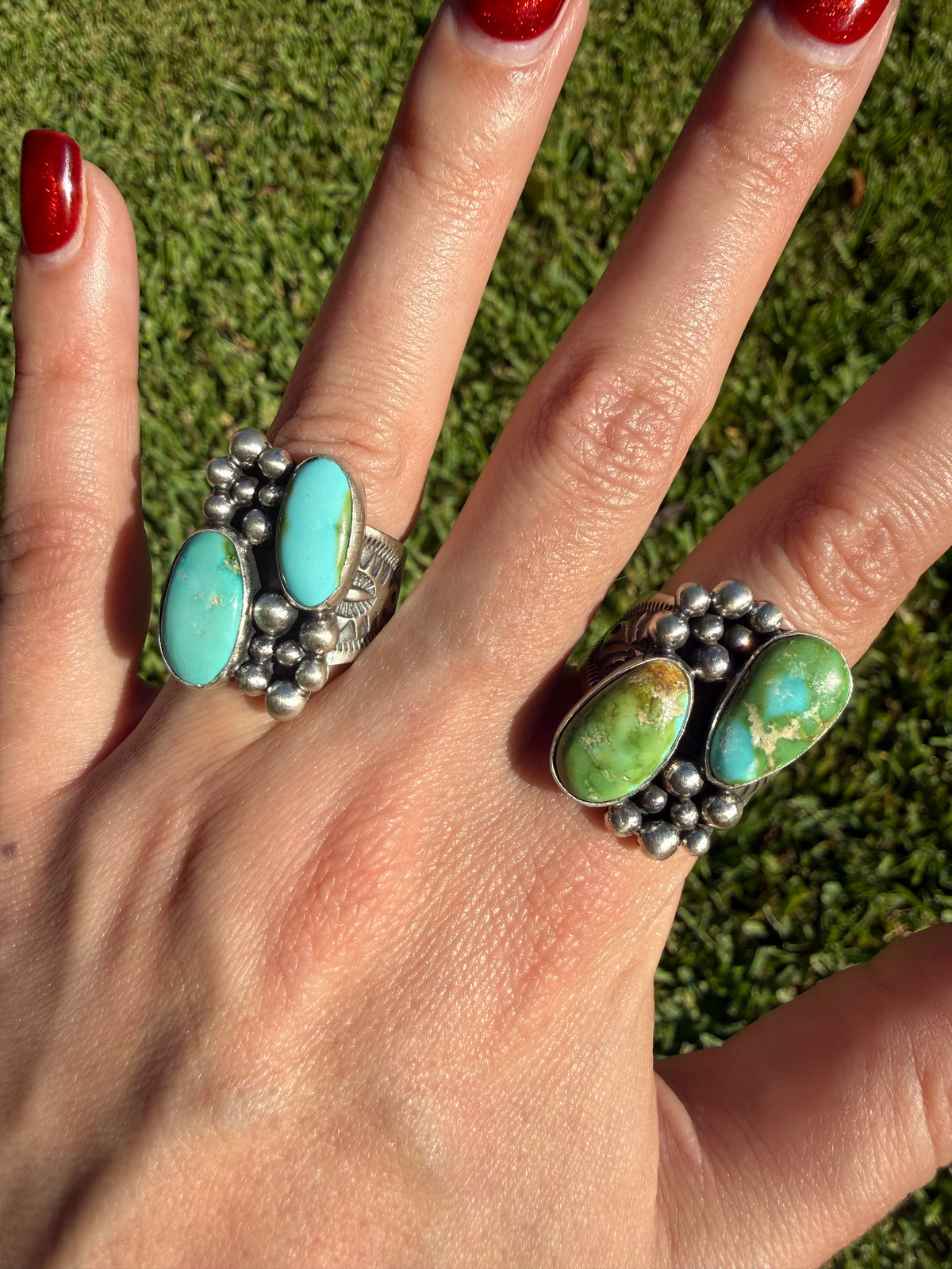Navajo Sonoran Gold Turquoise Double Stone Ball Work Cluster Ring
