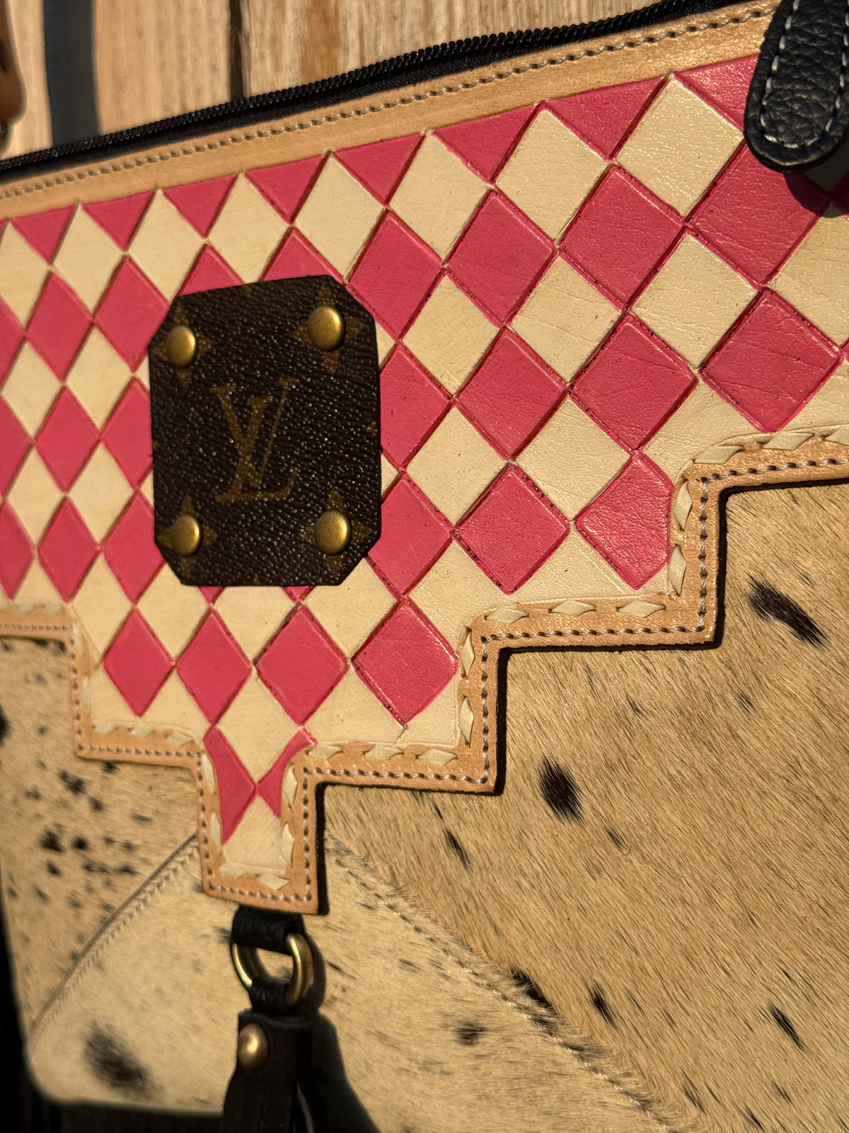 Upcycled LV Cowhide Leather Pink White Checkered Crossbody 