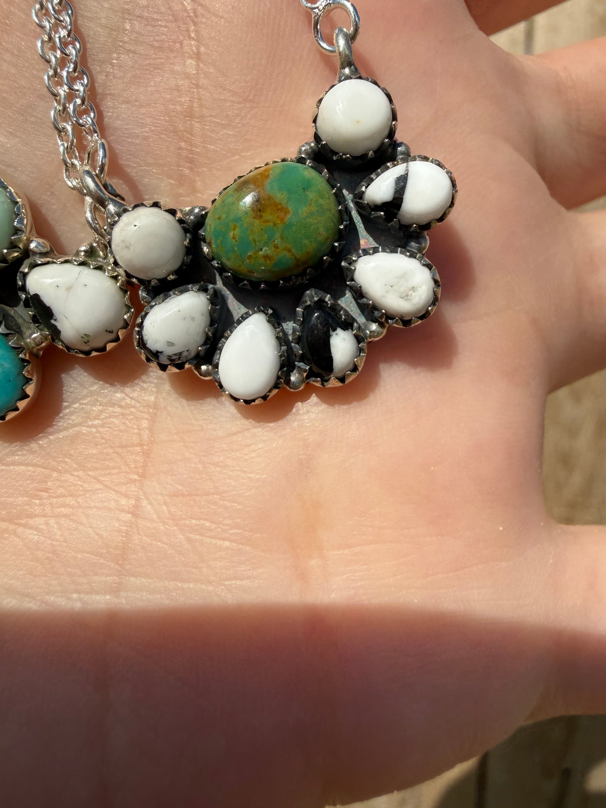 White Buffalo and Turquoise Multi Stone Sterling Silver Necklace