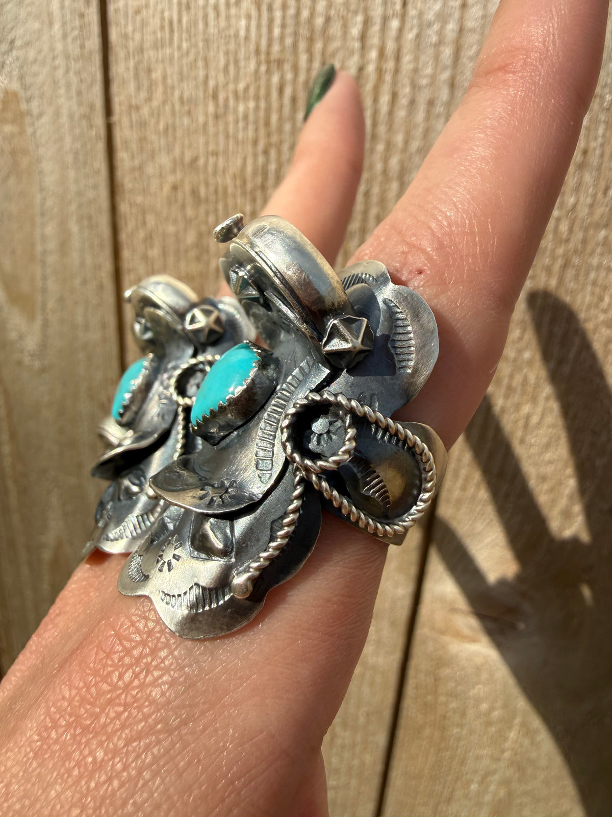 Navajo Turquoise Heart Saddle Sterling Silver Adjustable Ring by Tim Yazzie
