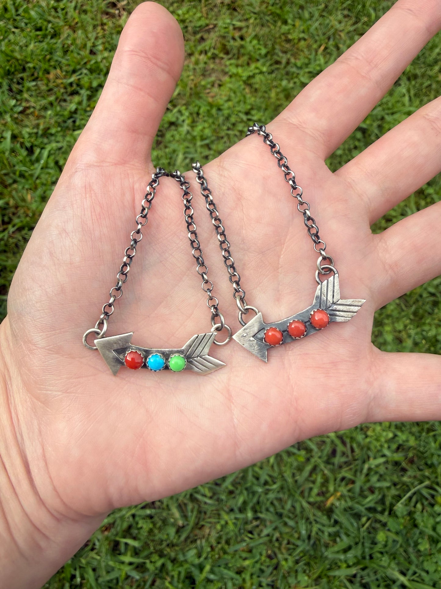 Native Coral or Multi Stone Arrow Sterling Silver Necklace