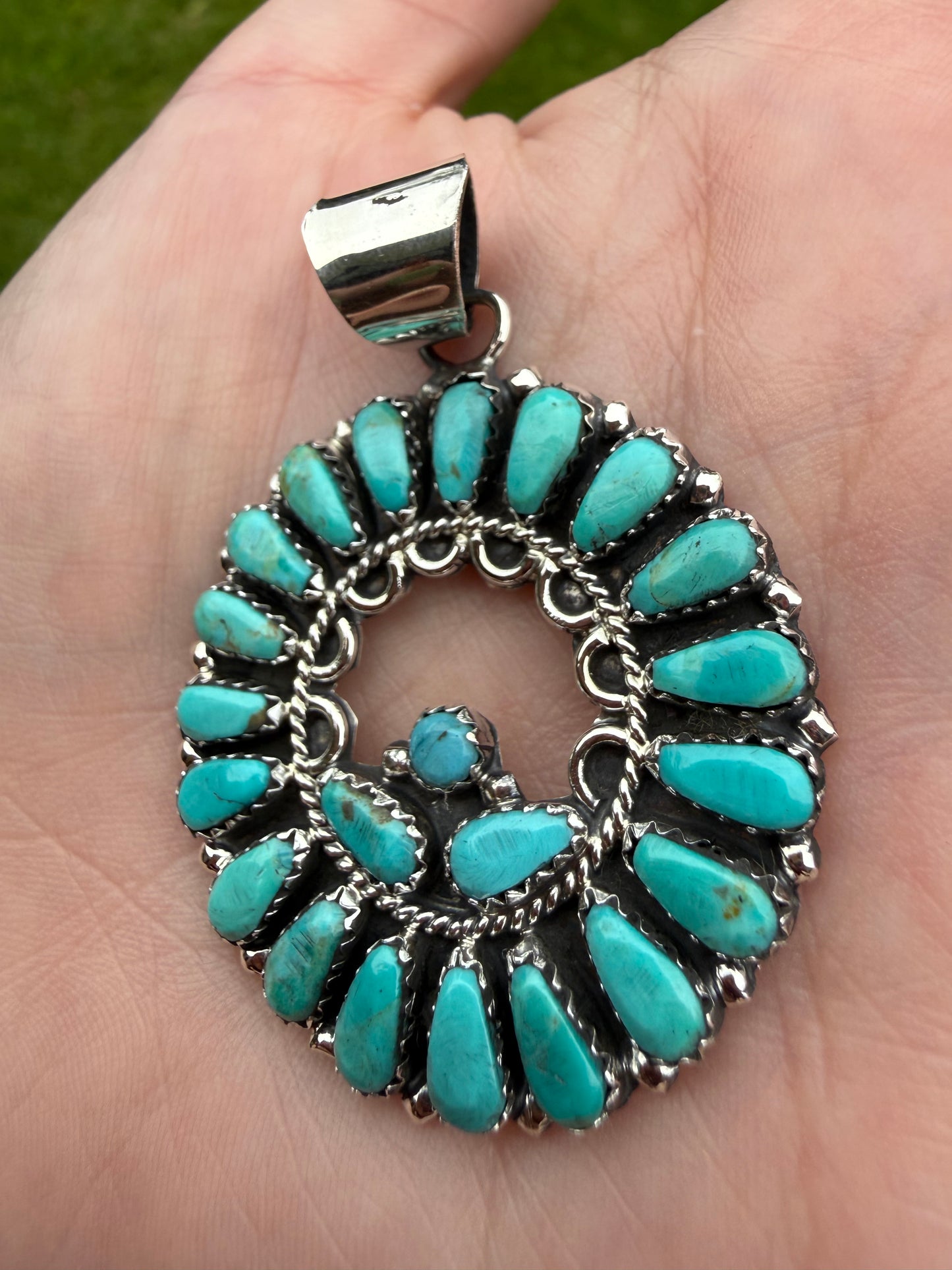 Navajo Native Turquoise Circle Cluster Sterling Silver Pendant