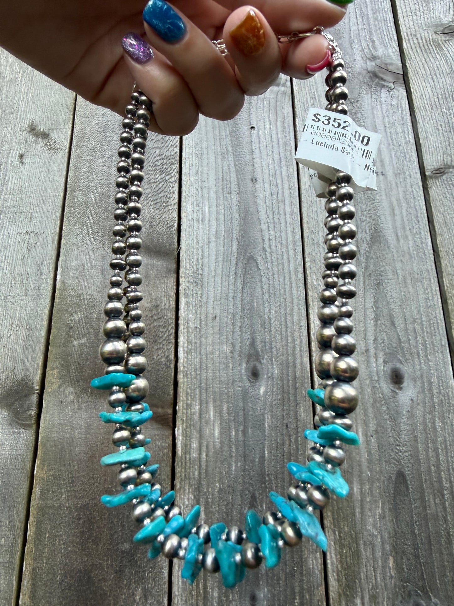 Navajo Turquoise Chip and Machine Made Sterling Silver Pearl Necklace