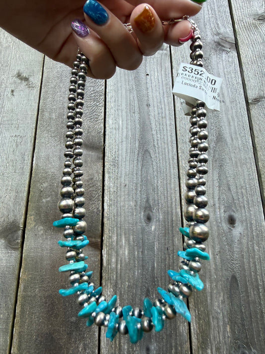 Navajo Turquoise Chip and Machine Made Sterling Silver Pearl Necklace