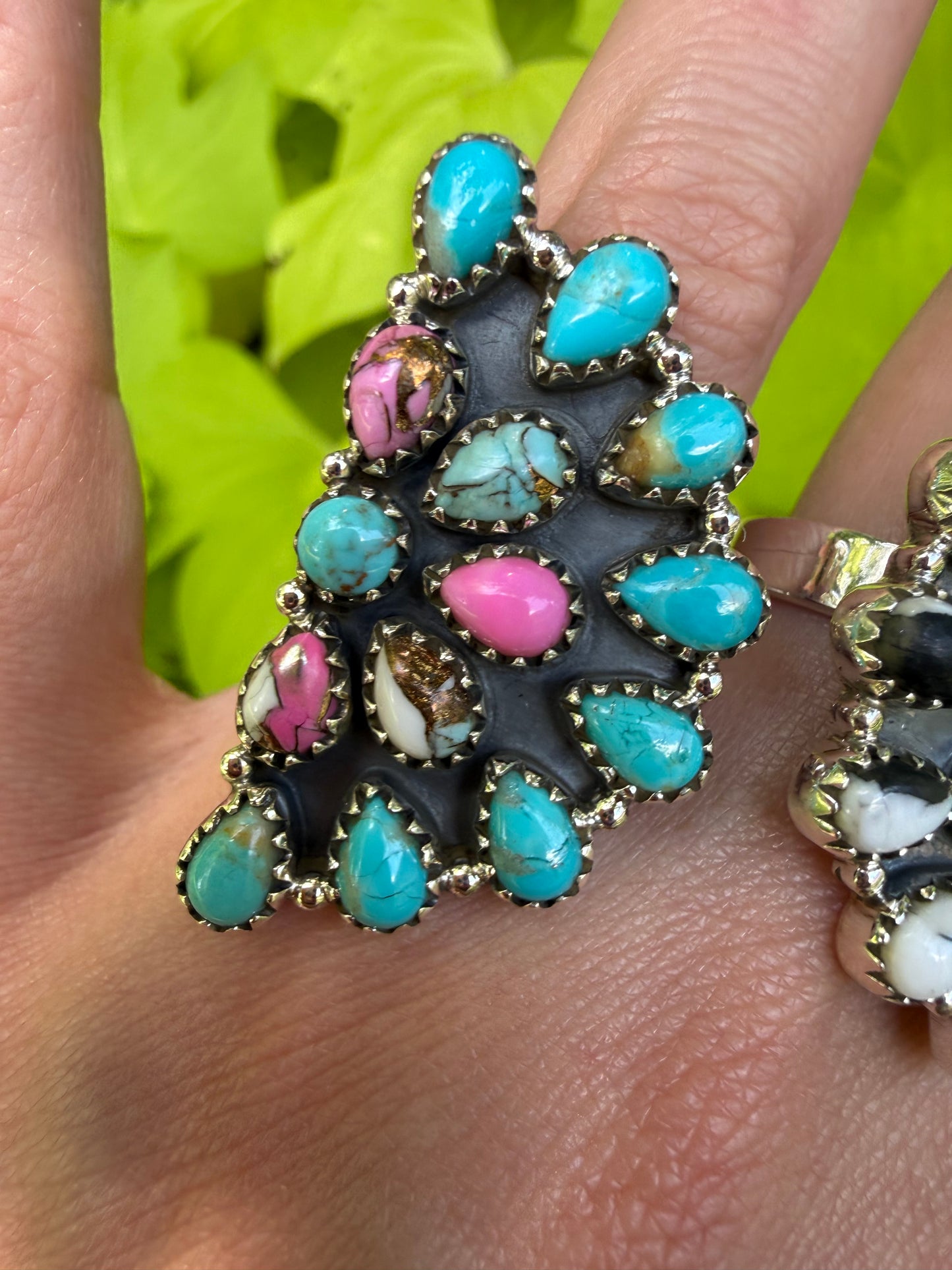 Cotton Candy, Kingman Turquoise, White Buffalo Half Circle Cluster Sterling Silver Adjustable Ring