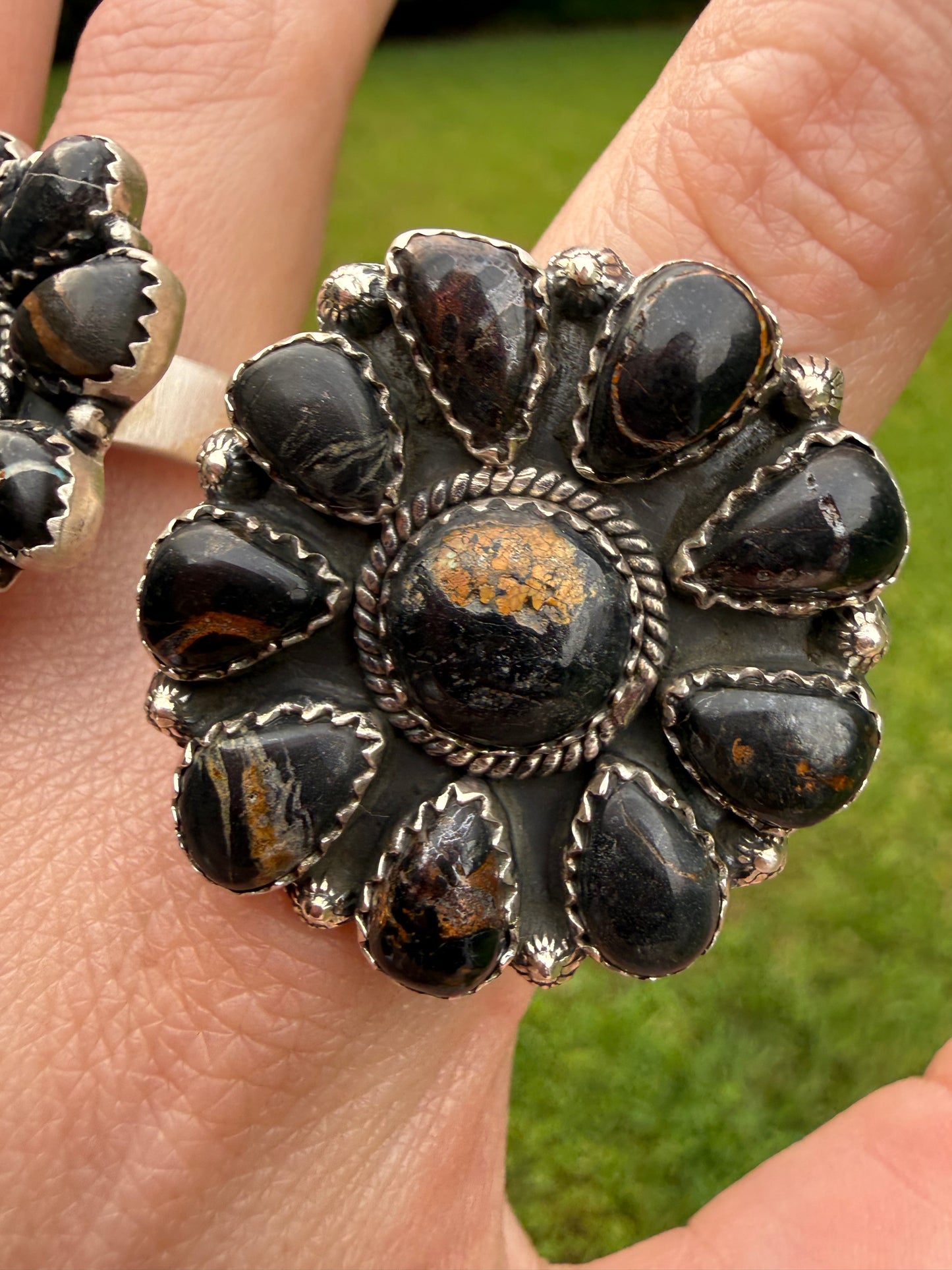 Blackjack Turquoise Full Flower Sterling Silver Adjustable Ring
