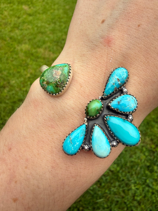 Sonoran Gold and Whitewater Turquoise Sterling Silver Half Flower Cuff Bracelet